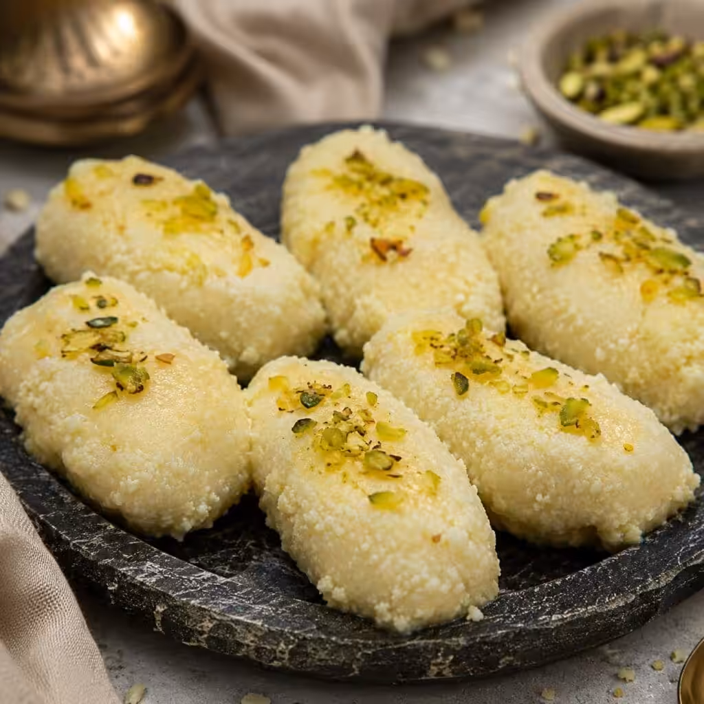 Kheer lancha cylindrical sweet glazed in kheer - Manha Sweets