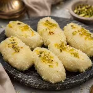 Kheer lancha cylindrical sweet glazed in kheer - Manha Sweets